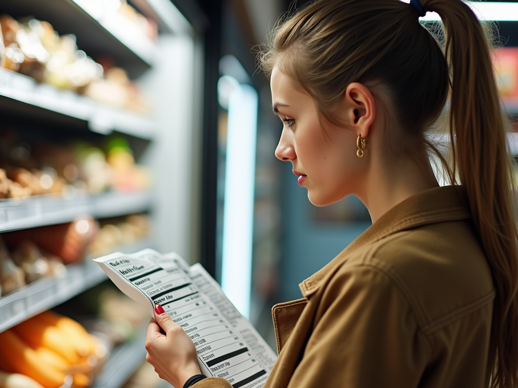 O persoană într-un magazin alimentar, citind cu atenție eticheta nutrițională a unui produs alimentar, cu o expresie gânditoare.