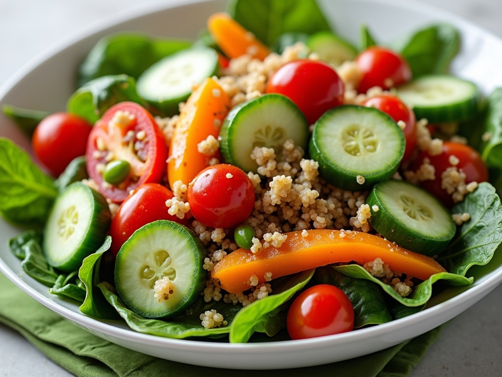 Salată colorată cu legume și quinoa, ideală pentru sportivi